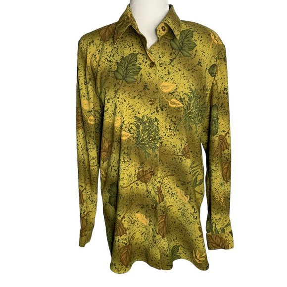 Vintage Microfiber Button Up Shirt M Green Leaves Floral Long Sleeve Collar - Picture 1 of 5